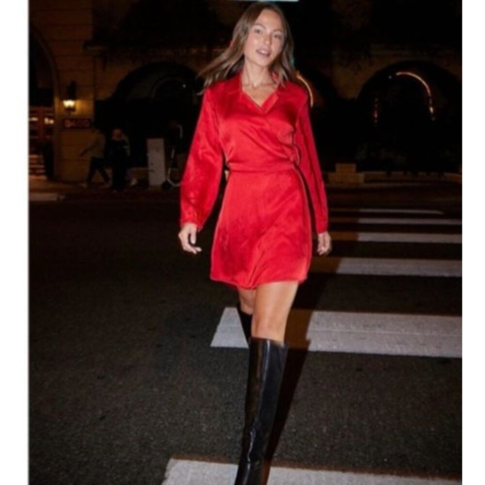 Cloth & Stone Women Red SatinTrue Wrap Dress size XL NWT Long Sleeve Knee Length